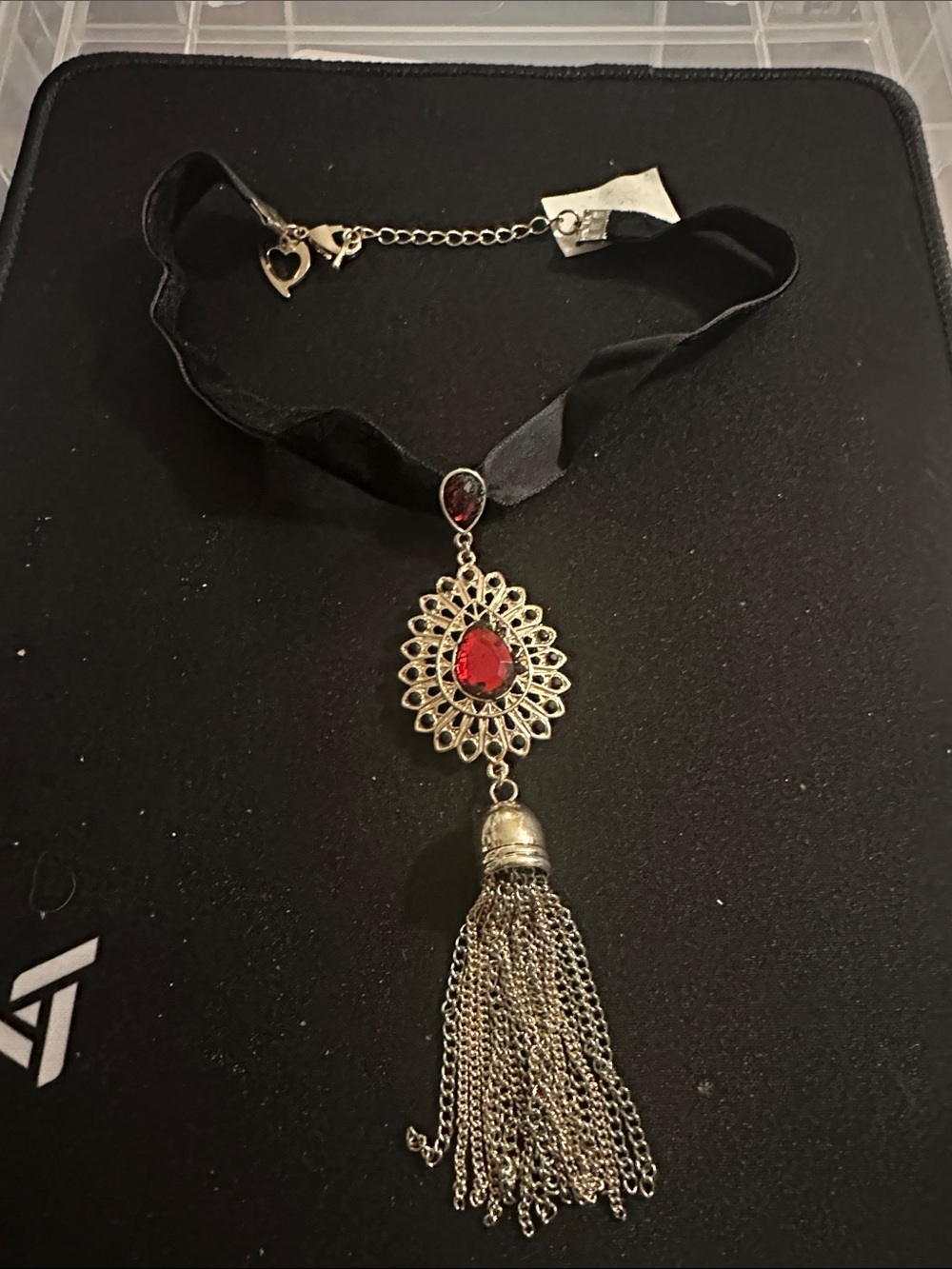 Elegant Black Choker Necklace with Red Gemstone Pendant
#154